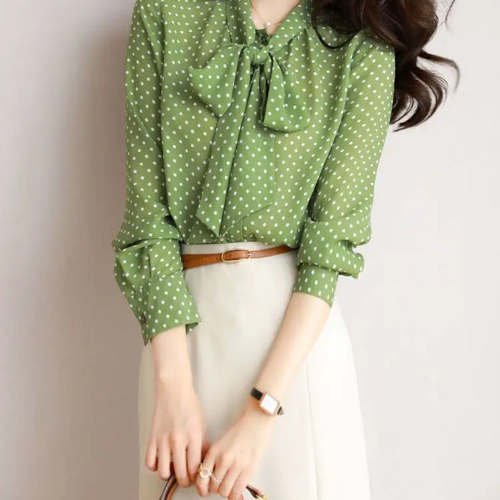 Spring Autumn Shawl Collar Blouse - Bow Polka Dot Long Sleeve Cardigan