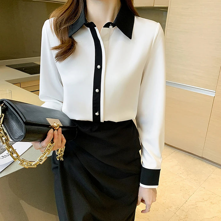 Contrast Color Single Row Pearl Buckle Office Blouse Female Shirt Long Sleeve Casual Tops Autumn Women Loose Blouses