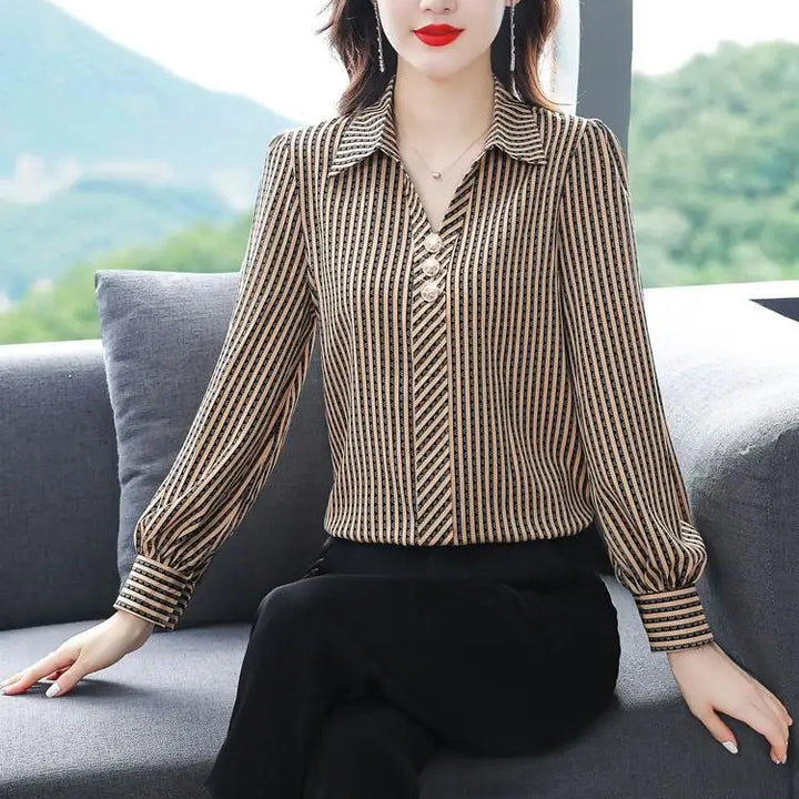 Striped Print Fashion Blouse - Elegant Office Lady Long Sleeve Shirt