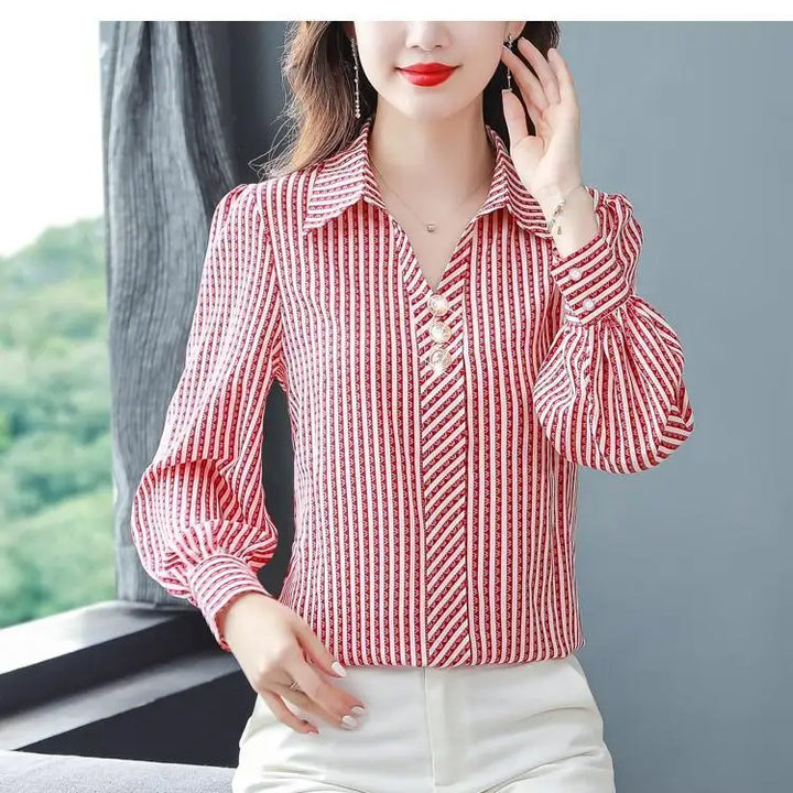 Striped Print Fashion Blouse - Elegant Office Lady Long Sleeve Shirt