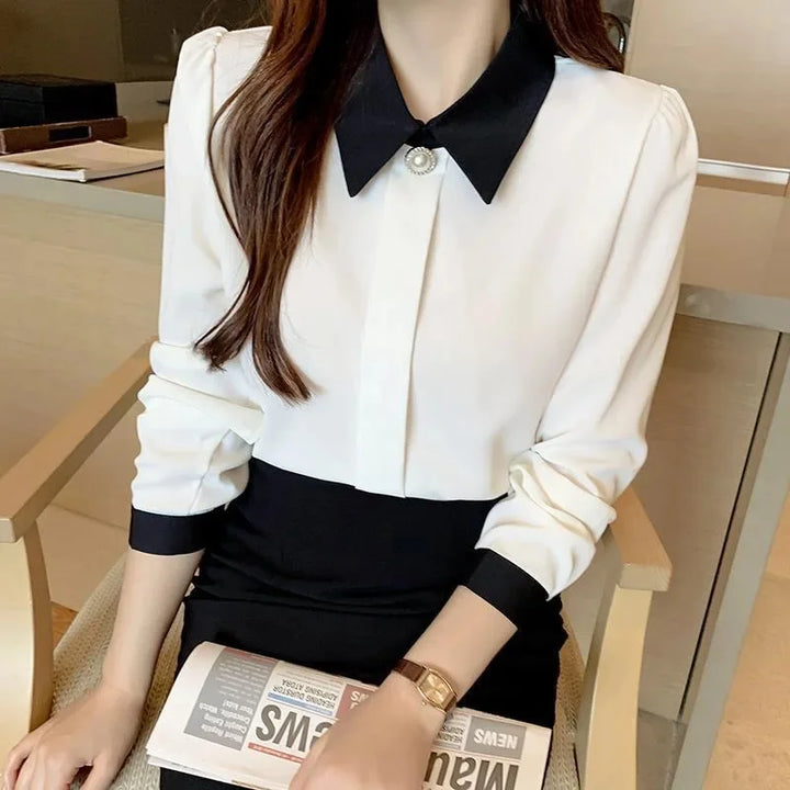 Women's Spring Autumn Blouse - Casual Long Sleeve Turn-Down Collar Shirt