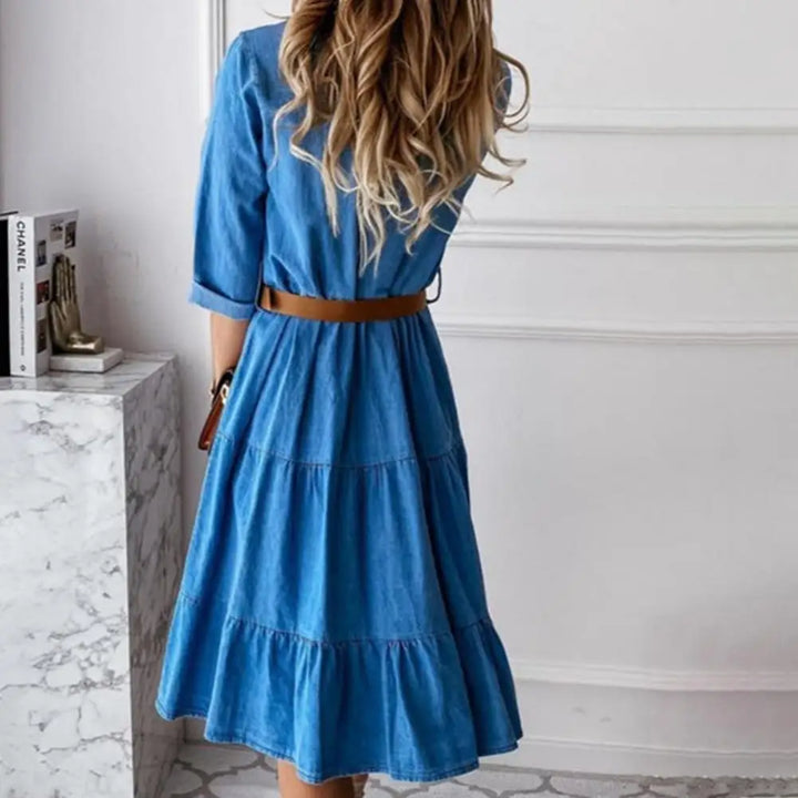 Women's Denim Dress with Three-Quarter Sleeves, Belt, and Ruffle Detail