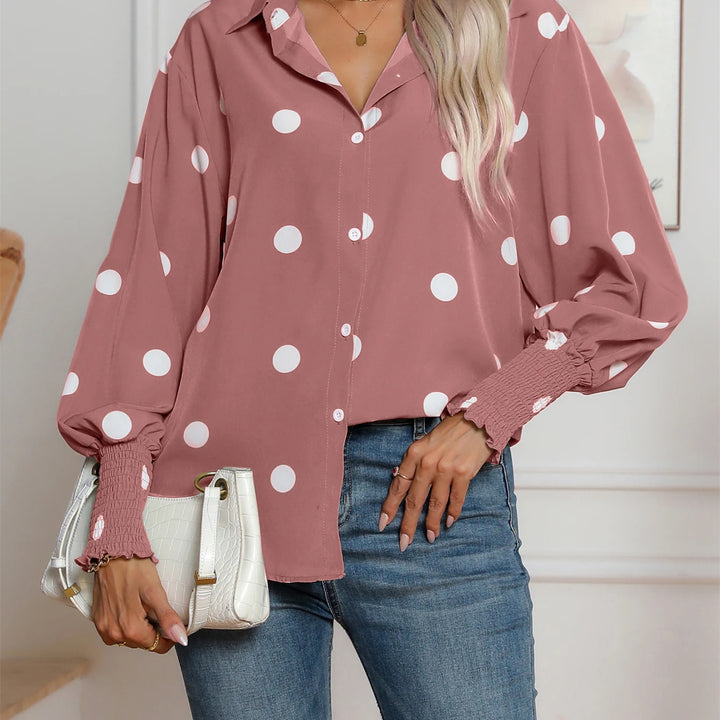 Casual Lapel Button Down Balloon Polka Dot Print  Lantern Sleeve Shirt