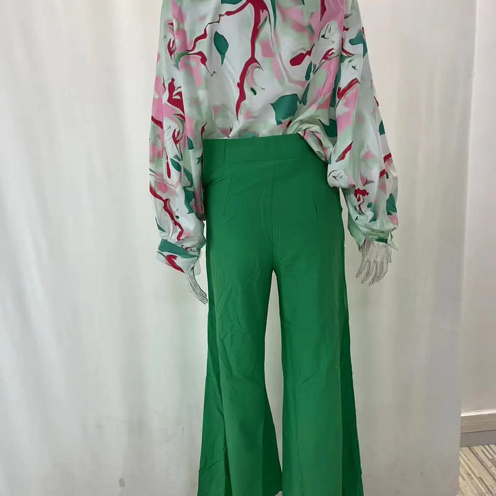 Spring & Autumn 2-Piece Set - Printed Shirt with Elegant Wide-Leg Pants