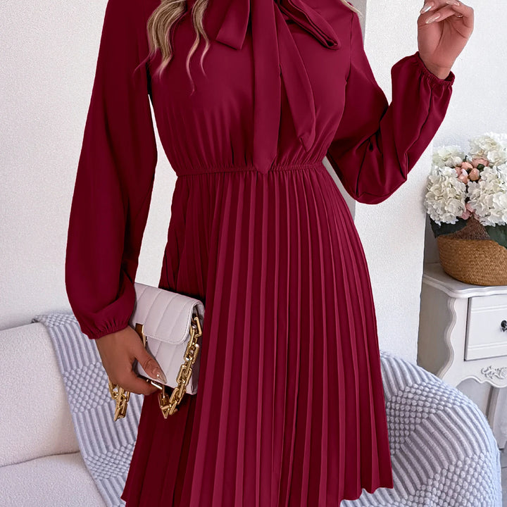 Casual Tie Front Mock Neck Long Sleeve Pleated Dress For Spring & Fall