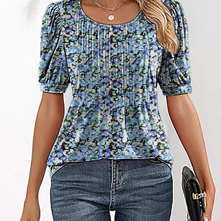 Women's V-Neck Tunic - Puff Sleeve Pleated Casual Summer Blouse