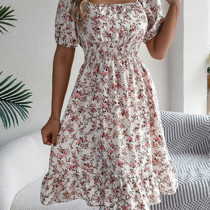 Casual Square Neck Shirred Waist Floral Print Short Sleeve Ruffle Hem Dress For Summer