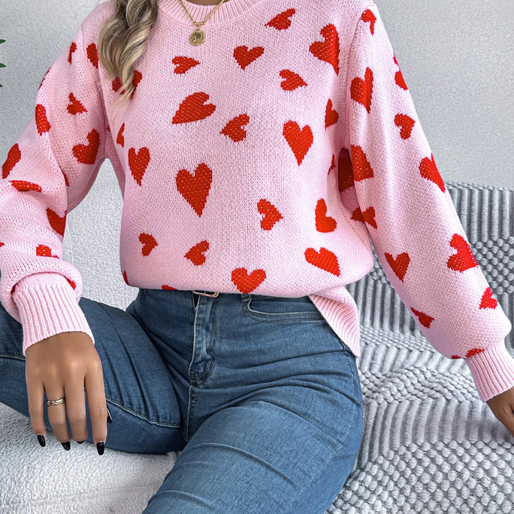 Autumn Winter Love Pattern Knitted Pullover - Round Neck Long Sleeve Sweater