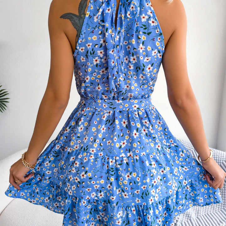 Vacation Sleeveless Floral Print Belted Beach Dress For Summer