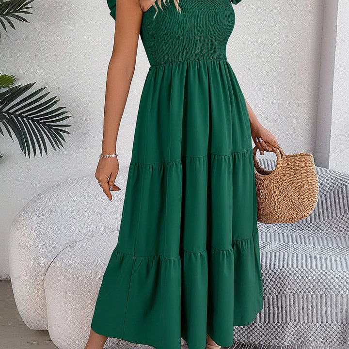 Solid Square Neck Dress - Elegant Waist-Tied Long Dress