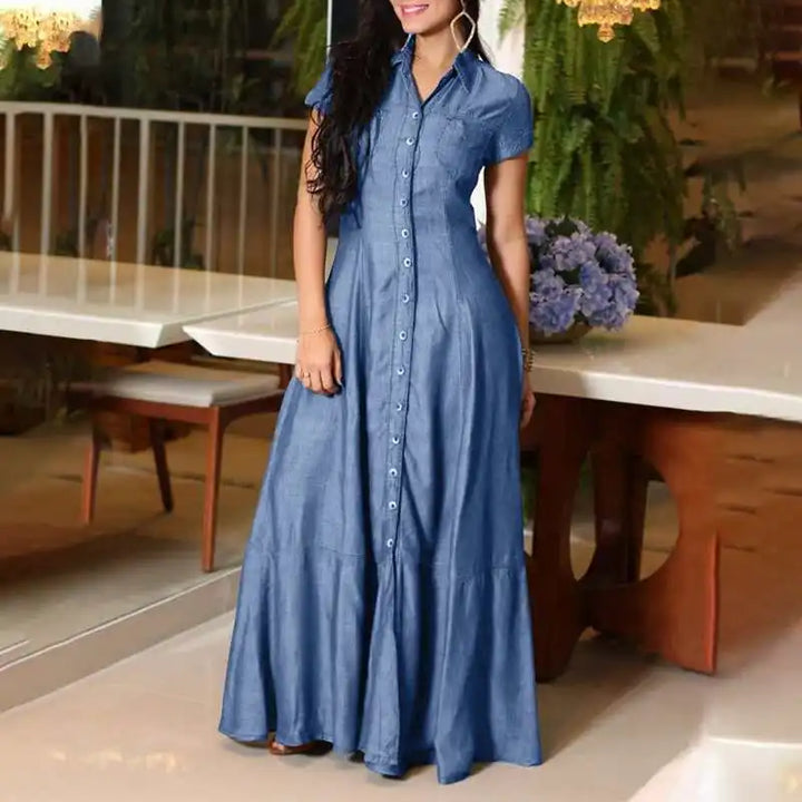 Fashionable Casual Denim Long Dress with Turn-Down Collar and Button Design