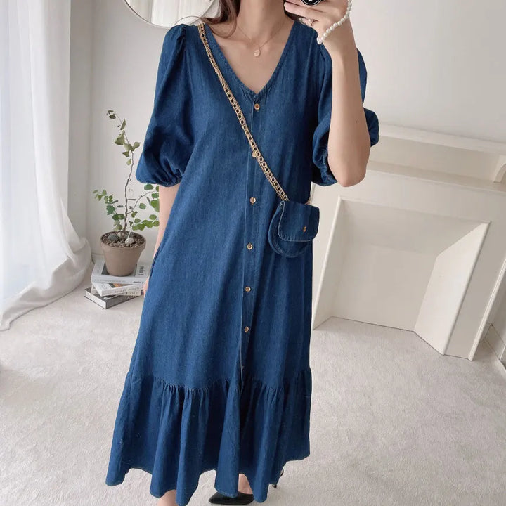 ZANZEA Oversized Denim Maxi Dress - Puff Sleeve Retro Baggy Summer Sundress