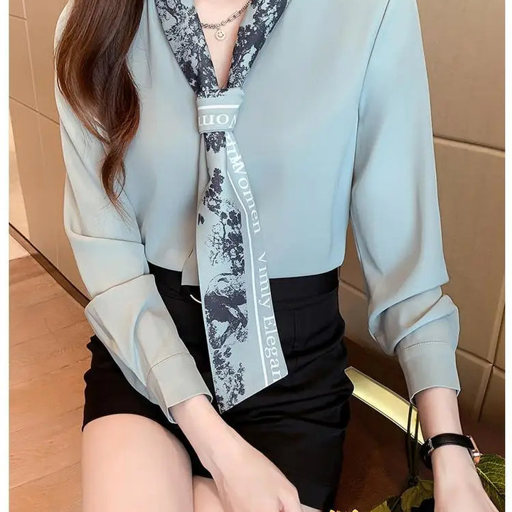 Spring Autumn Scarf Collar Shirt - Elegant Long Sleeve Office Blouse