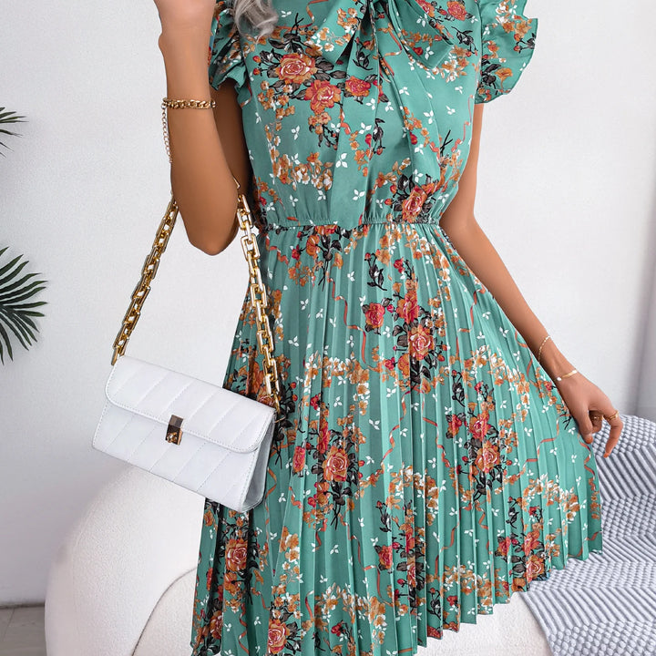 Casual Floral Print Ruffle Trim Slim Waist Pleated Dress