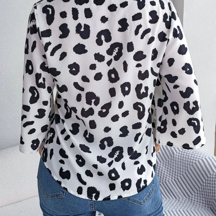 Casual V Neck 3/4 Sleeve Button Front Leopard Print Blouse, Women's Clothing