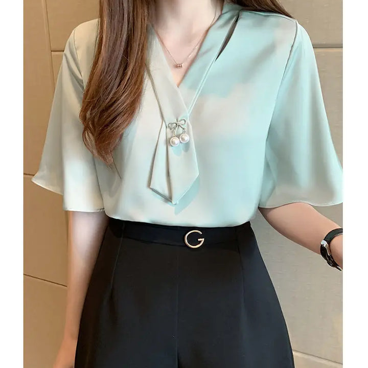 Short Sleeve V-neck Chiffon Blouse - Breathable Slim Elegant Summer Office Top