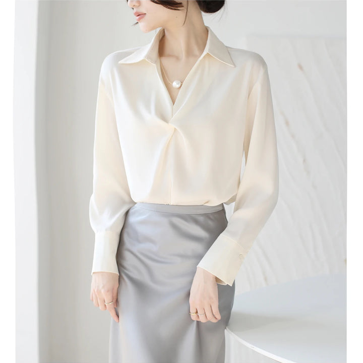 Autumn Casual Turn-Down Collar Blouse - Off-White Chiffon Long Sleeve Shirt