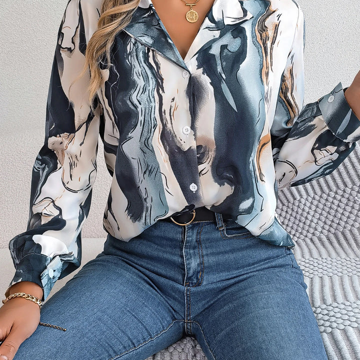 Casual All Over Print Notch Collar Button Long Sleeve Shirt