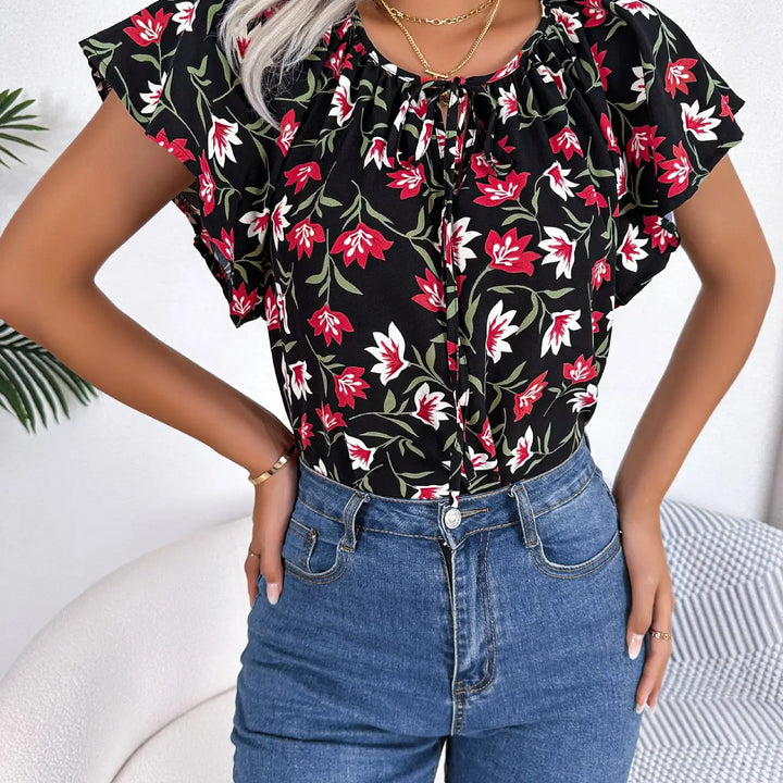 Floral Drawstring Blouse - Casual Crew Neck Short Sleeve Top