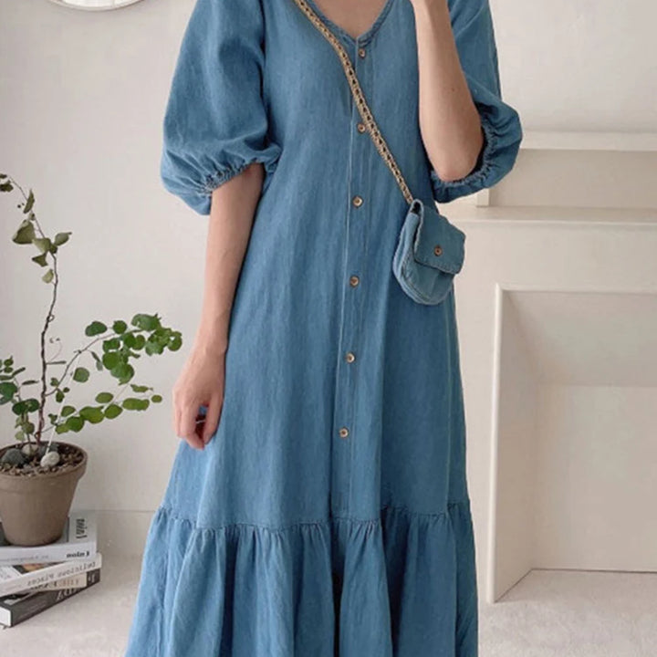 ZANZEA Oversized Denim Maxi Dress - Puff Sleeve Retro Baggy Summer Sundress