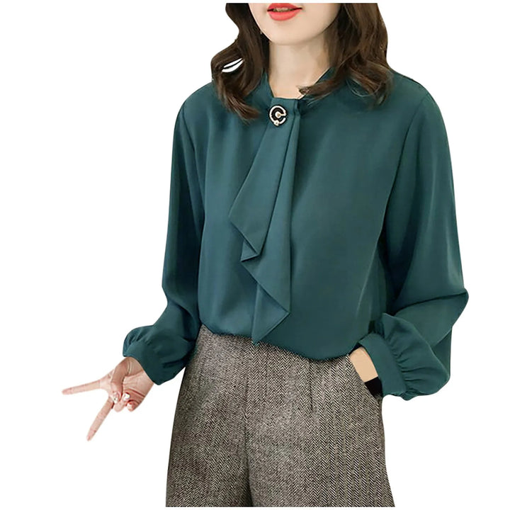 Elegant Lantern Sleeve Blouse - Round Neck Chiffon Office Lady Top