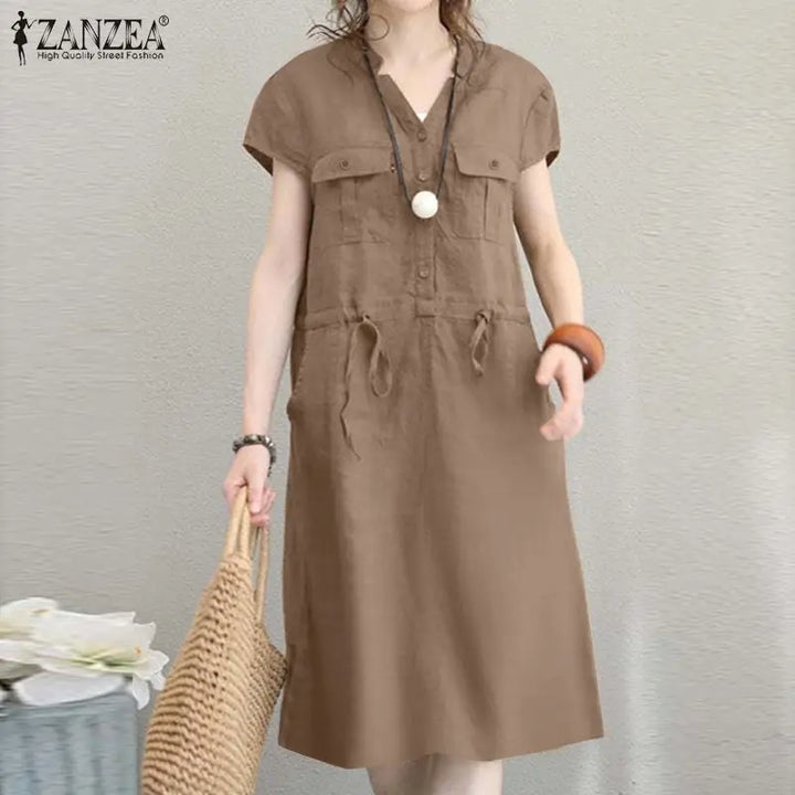 ZANZEA Summer V-Neck Dress - Short Sleeve Drawstring Waist Knee-Length Sundress