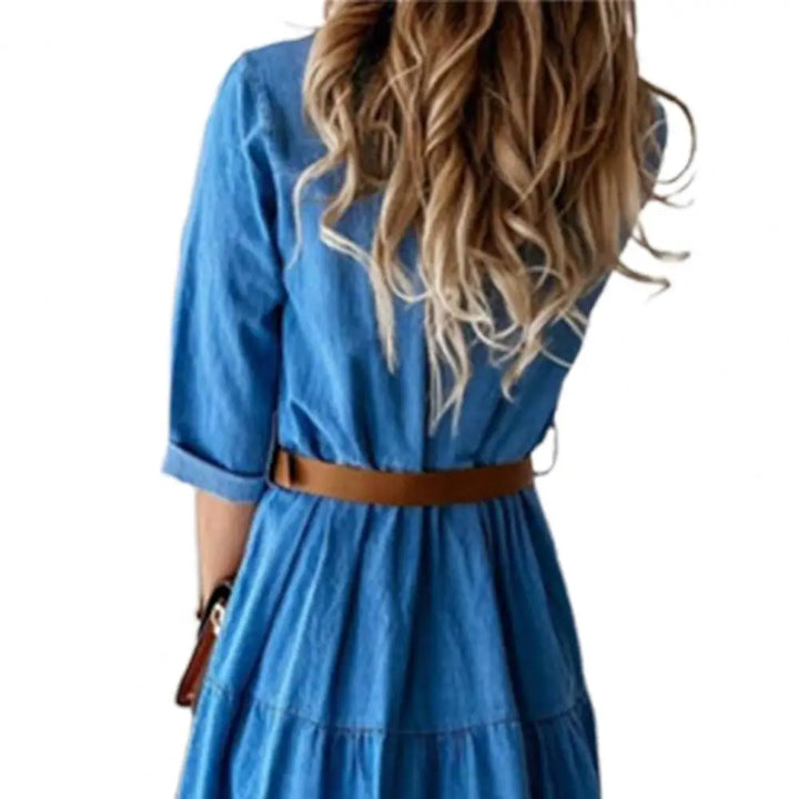 Women's Denim Dress with Three-Quarter Sleeves, Belt, and Ruffle Detail