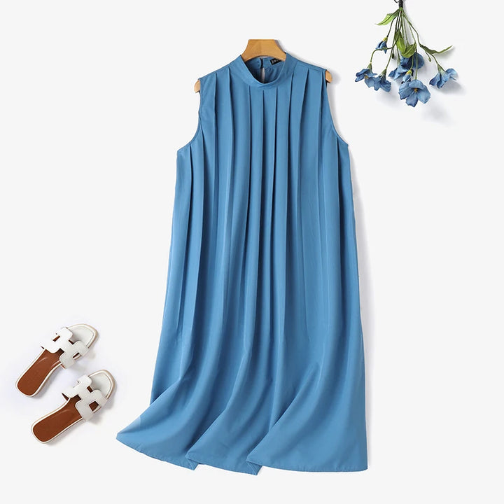 ZANZEA Vintage Stand Collar Swing Dress - Pleated Loose Fit Summer Sundress