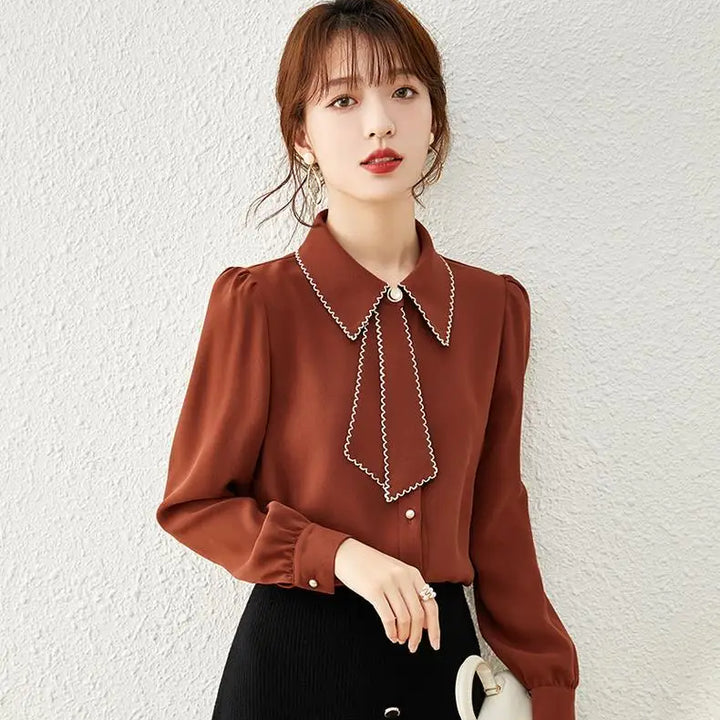 Women's Ribbon Chiffon Shirt - Patchwork French Office Workwear