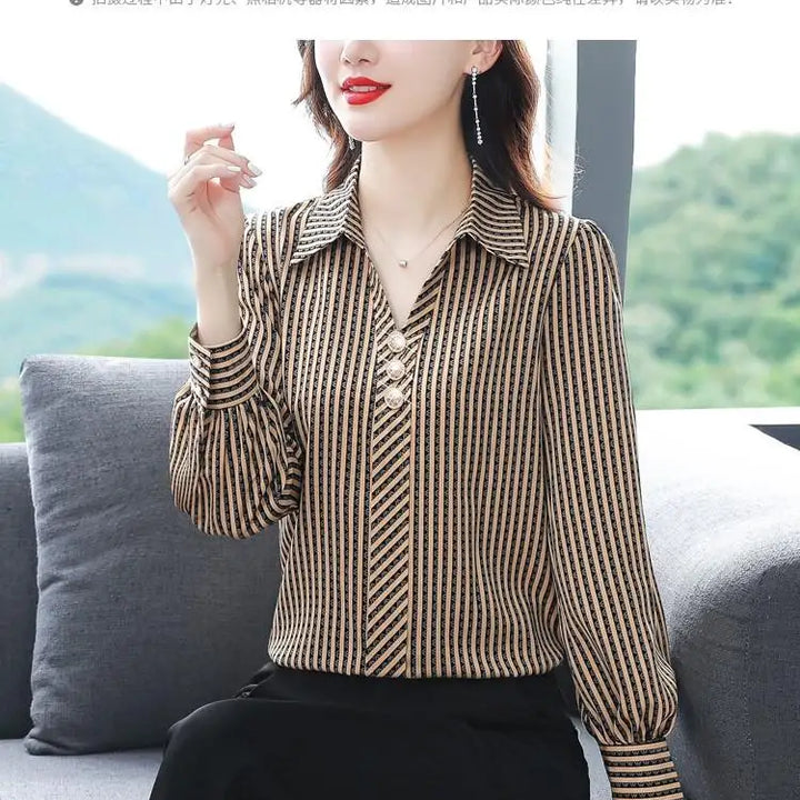 Striped Print Fashion Blouse - Elegant Office Lady Long Sleeve Shirt