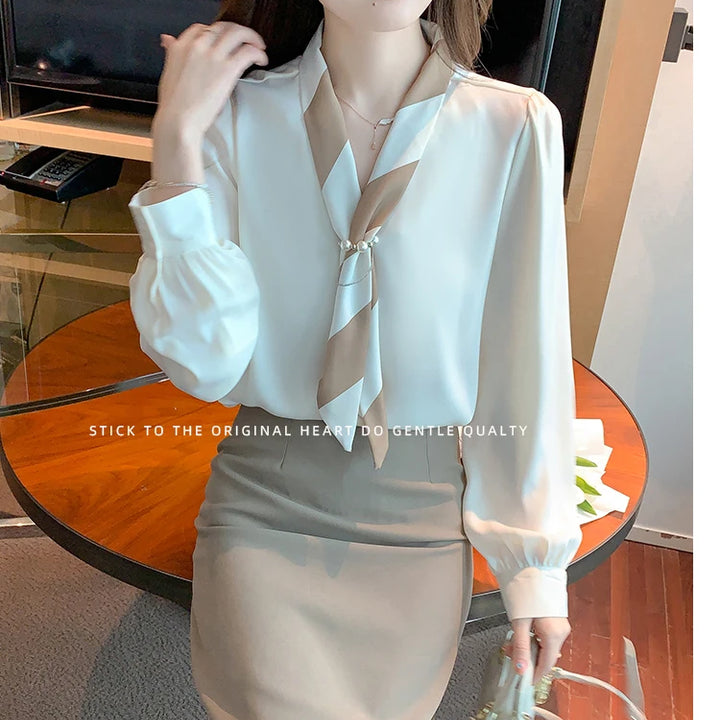 Chiffon Blouse for Women - Elegant Lace-Up V-Neck Long Sleeve Office Top