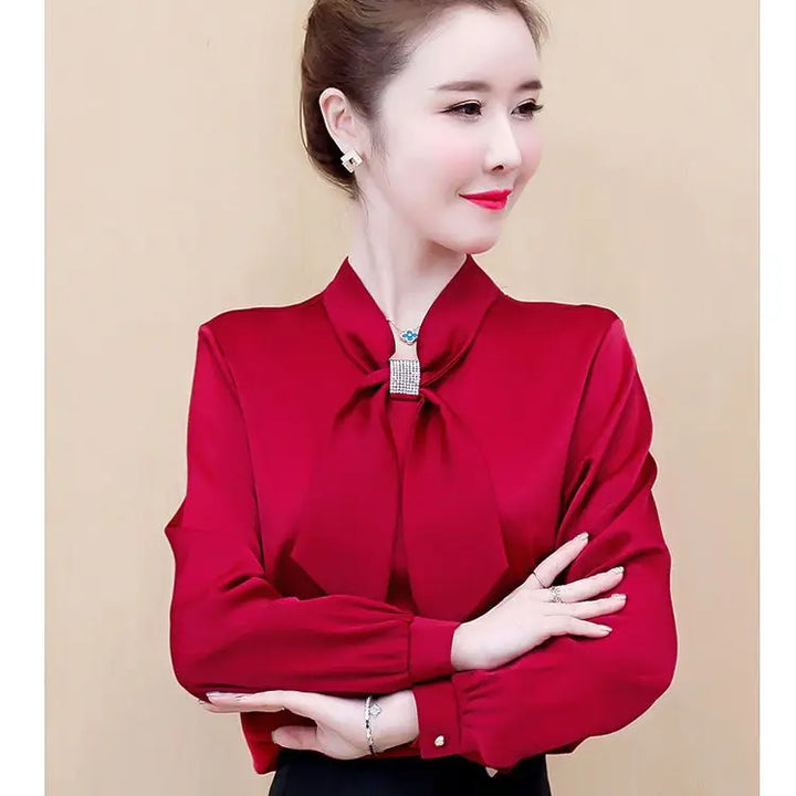 Spring & Summer Satin Shirt - Korean Fashion Bow V-Neck Long Sleeve Top