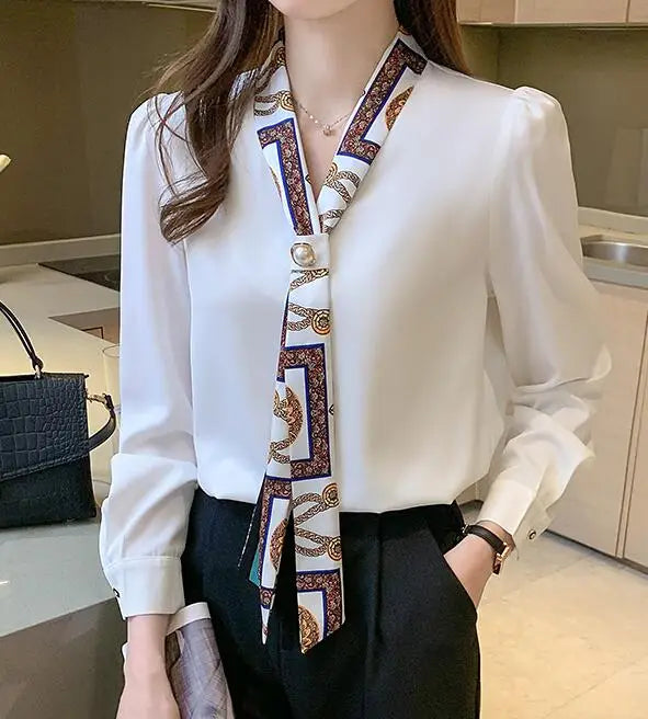 Spring Chiffon Blouse - Bow Long Sleeve Office Lady Casual Top