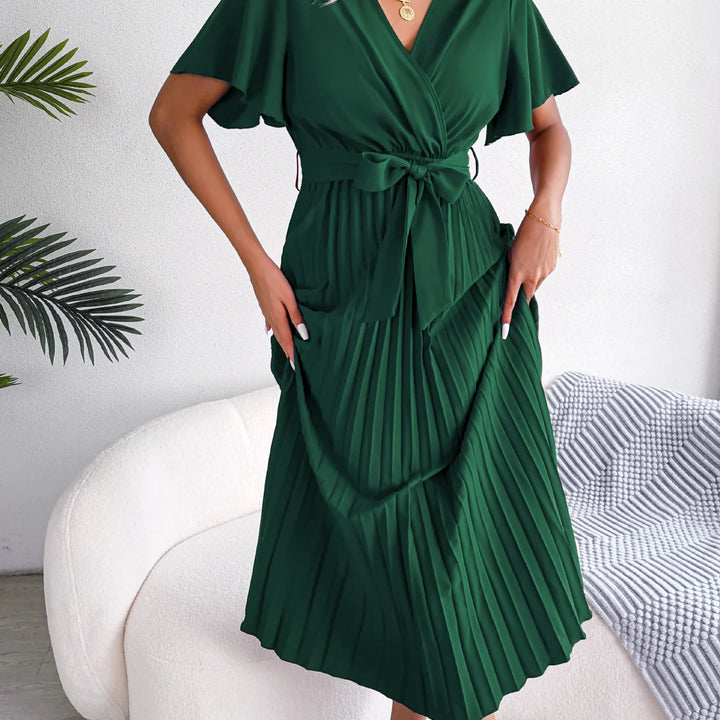 Elegant High Waist Ruffled Sleeve Pleated Maxi Dress