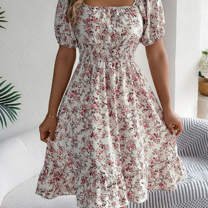 Casual Square Neck Shirred Waist Floral Print Short Sleeve Ruffle Hem Dress For Summer