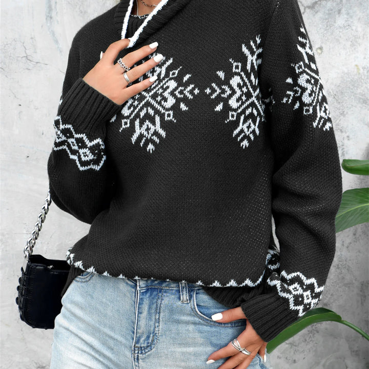 Elegant High Neck Snowflake Jacquard Knitted Pullover - Women's Woolen Long Sleeve