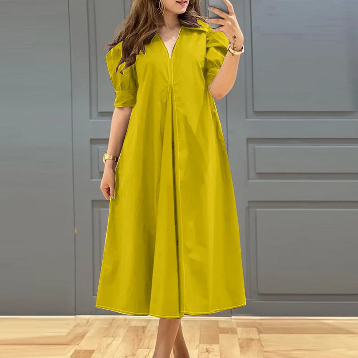 ZANZEA V-neck Pleated Midi Dress with puff sleeves, loose fit