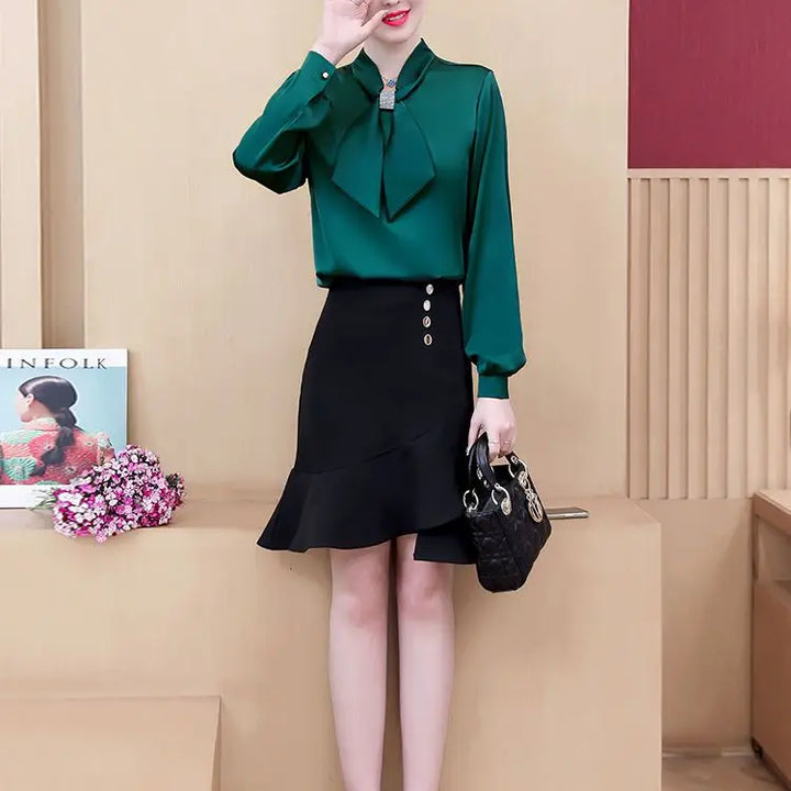 Spring & Summer Satin Shirt - Korean Fashion Bow V-Neck Long Sleeve Top