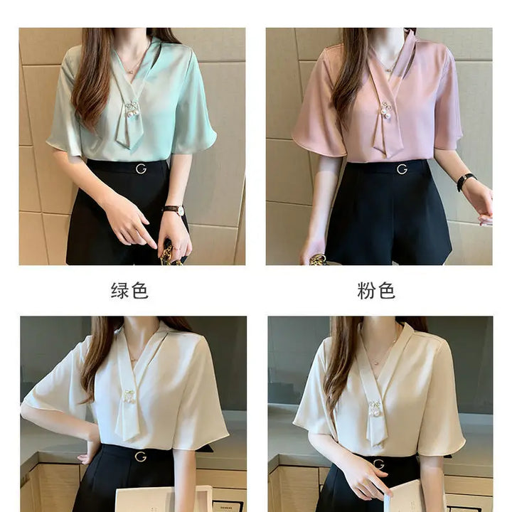 Short Sleeve V-neck Chiffon Blouse - Breathable Slim Elegant Summer Office Top