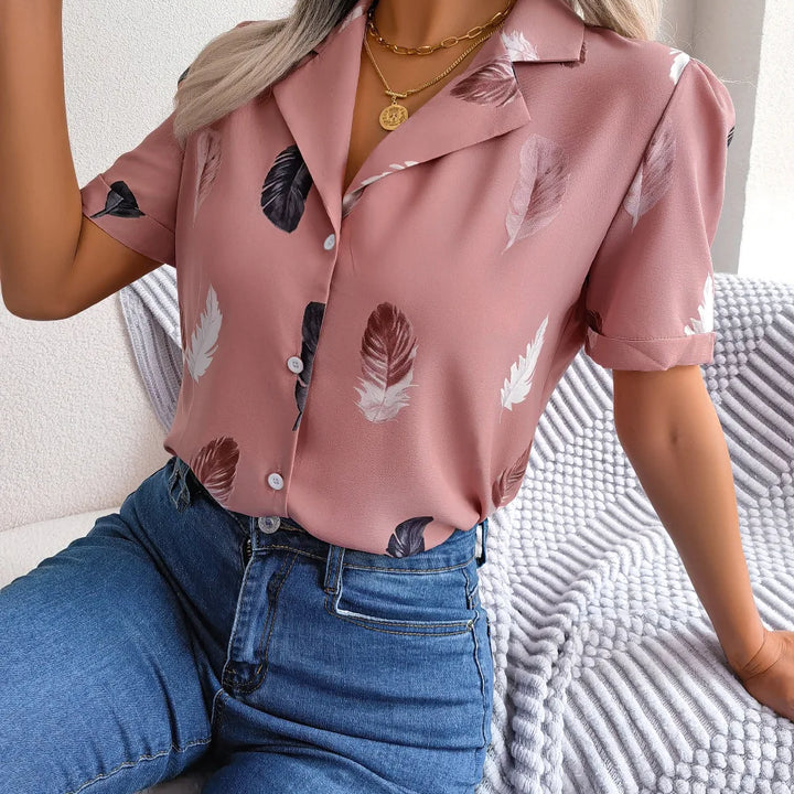 Spring Summer Casual Notched Collar Button Front Feather Printed Short Sleeved Shirt Women Blouse