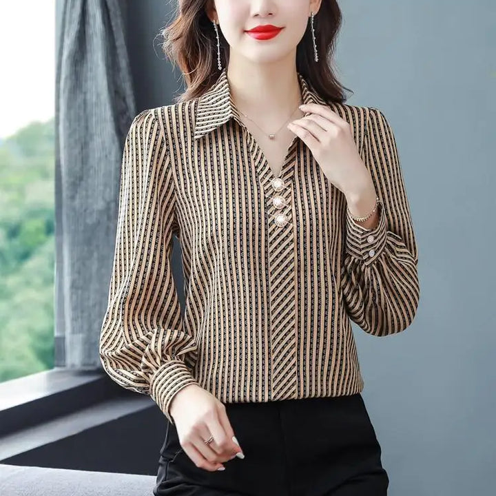 Striped Print Fashion Blouse - Elegant Office Lady Long Sleeve Shirt