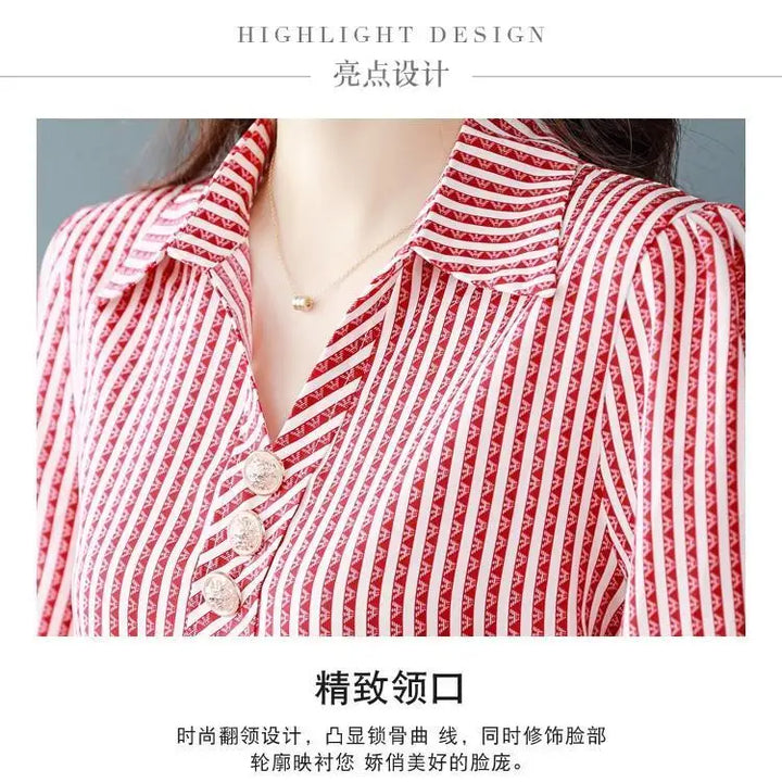 Striped Print Fashion Blouse - Elegant Office Lady Long Sleeve Shirt