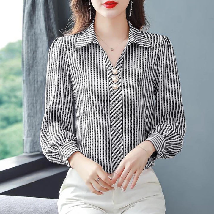 Striped Print Fashion Blouse - Elegant Office Lady Long Sleeve Shirt