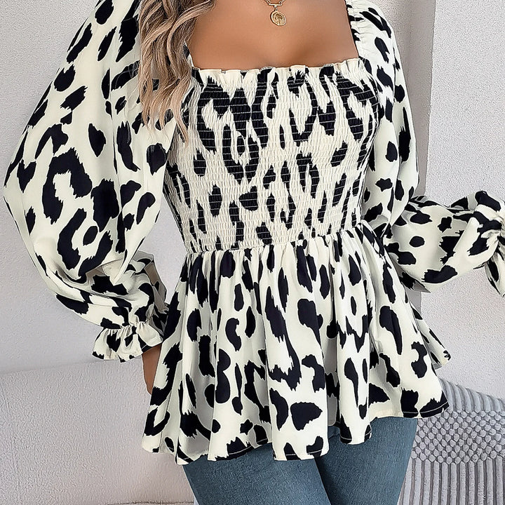 Casual Allover Print Square Neck Shirred Ruffle Hem Blouse