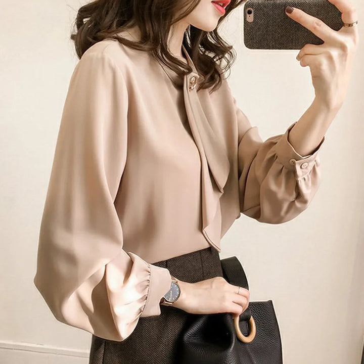 Elegant Lantern Sleeve Blouse - Round Neck Chiffon Office Lady Top