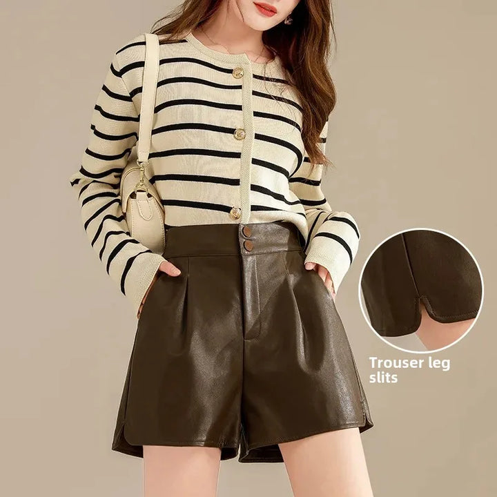 Women's High-Waisted Slimming A-Line Leather Shorts in Coffee Color