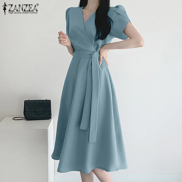 ZANZEA Elegant A-Line Summer Dress - Short Sleeve Casual Work Kaftan