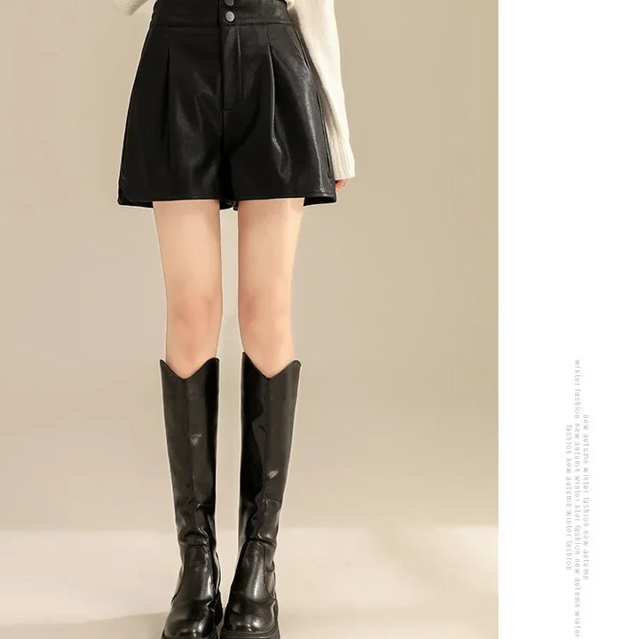 Women's High-Waisted Slimming A-Line Leather Shorts in Coffee Color