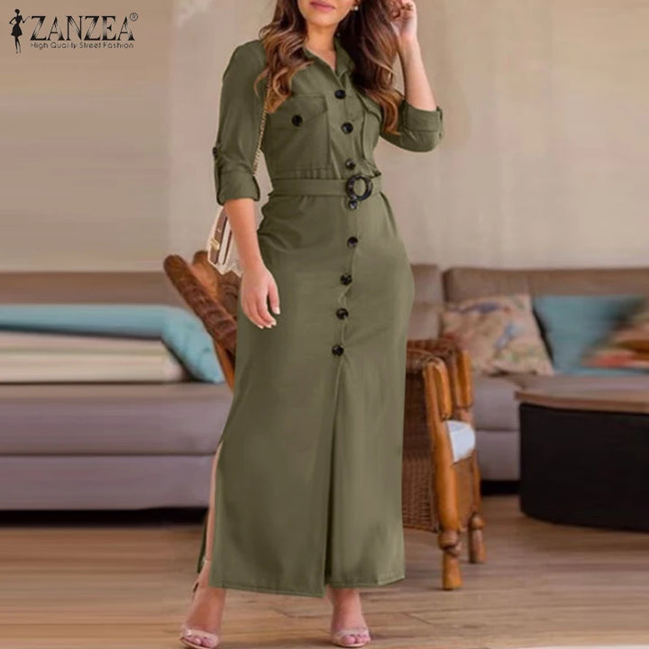 ZANZEA Women's Turn-Down Collar Belted Long Sleeve Maxi Shirtdress