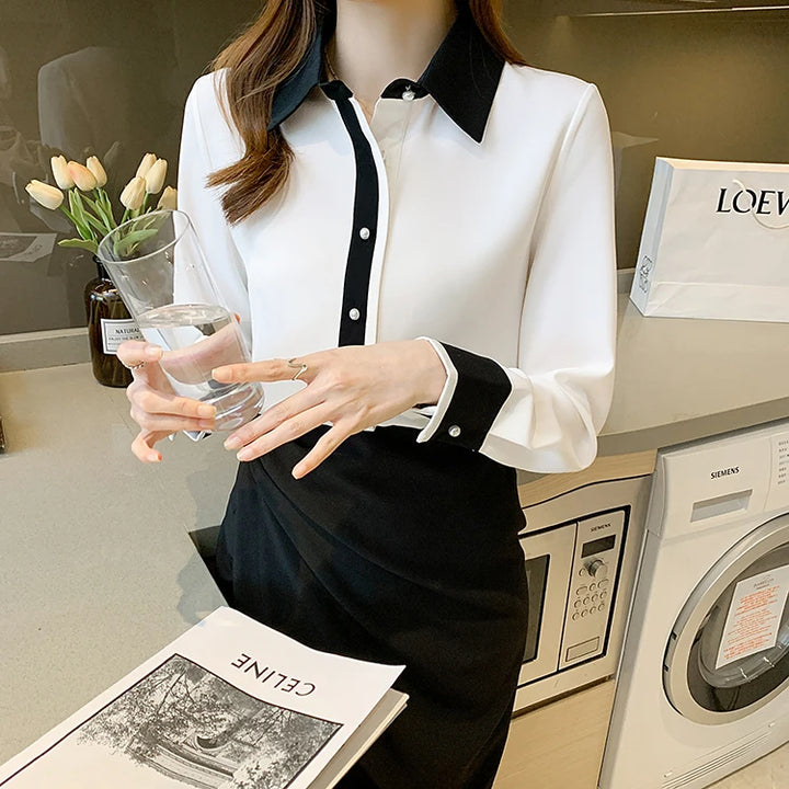 Contrast Color Single Row Pearl Buckle Office Blouse Female Shirt Long Sleeve Casual Tops Autumn Women Loose Blouses